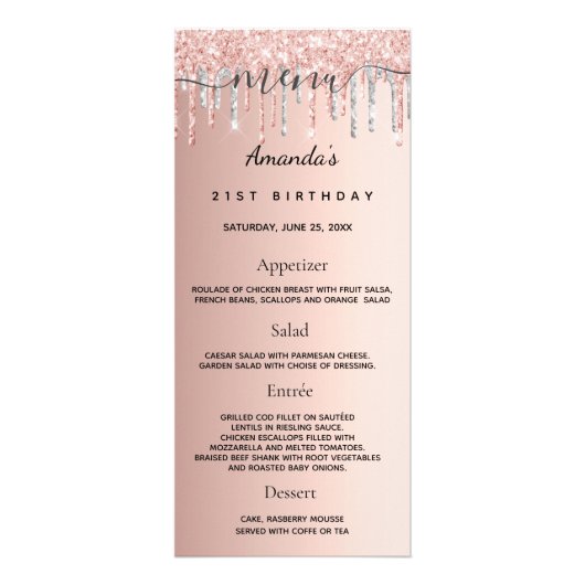 Birthday Menu roos gouden glitter zilveren leuke f (Voorkant)