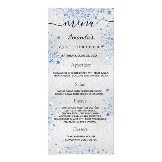 Birthday Menu Silver Blue glitter-naam (Voorkant)