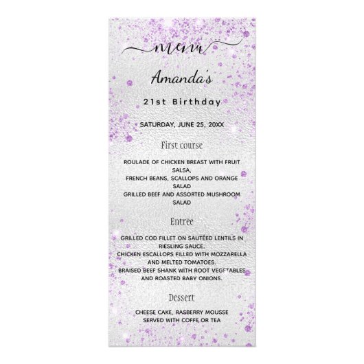Birthday Menu Silver paarse foto's leuke feiten (Voorkant)