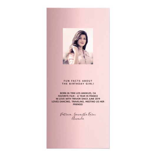 Birthday Menu wazig roze metaal naam leuke feiten (Achterkant)