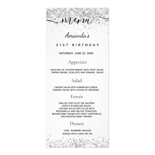 Birthday Menu White Silver Glitter sparkles (Voorkant)