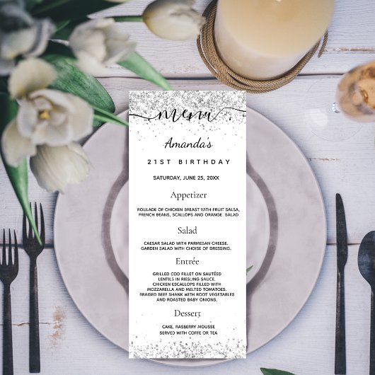 Birthday Menu White Silver Glitter sparkles