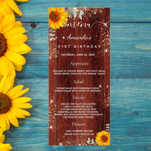 Birthday Menu-zonnebloemen bijtend hout glitter Reclamekaart
