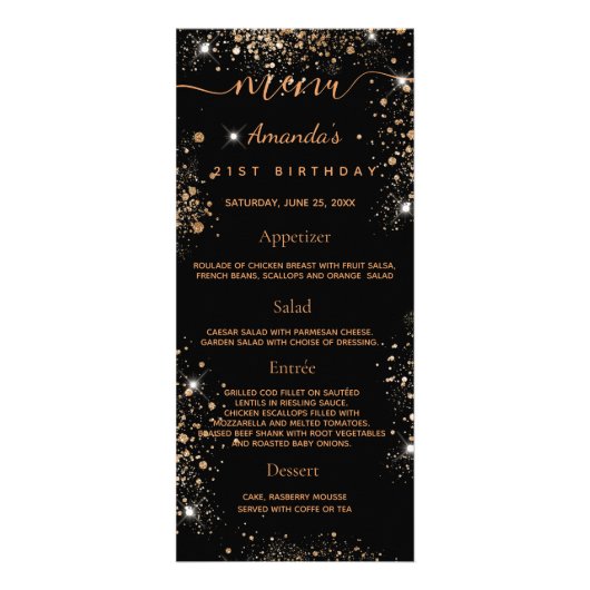 Birthday Menu zwart goud glitter foto quiz (Voorkant)