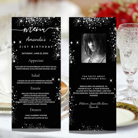 Birthday Menu zwarte witte glitter foto leuke feit