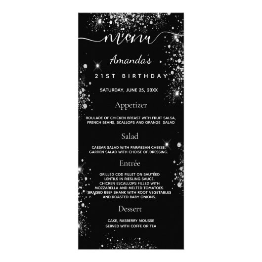 Birthday Menu zwarte witte glitter foto leuke feit (Voorkant)