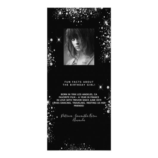 Birthday Menu zwarte witte glitter foto leuke feit (Achterkant)