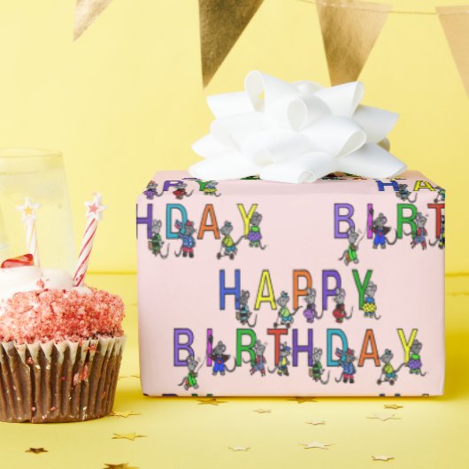 Birthday Mice op Roze Blush Cadeaupapier (Verjaardagsfeest)