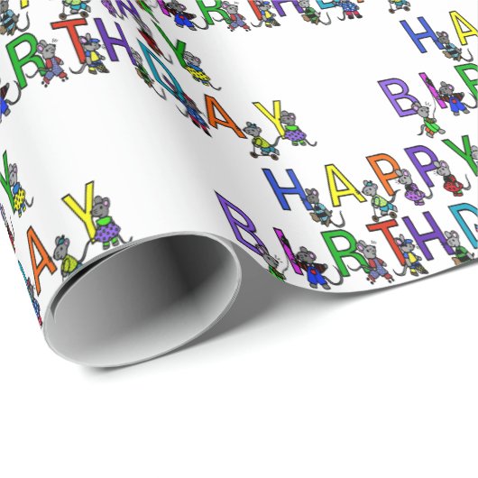 Birthday Mice op White Cadeaupapier (Rol Hoek)