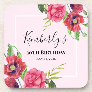 Birthday Modern Red Roze Flowers op Light Roze Bier Onderzetter