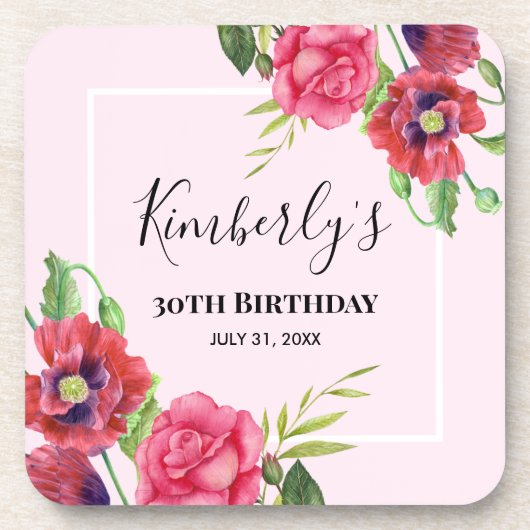 Birthday Modern Red Roze Flowers op Light Roze Bier Onderzetter (Voorkant)