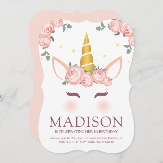 Birthday Modern Waterverf Floral Unicorn Kaart (Voorkant / Achterkant)