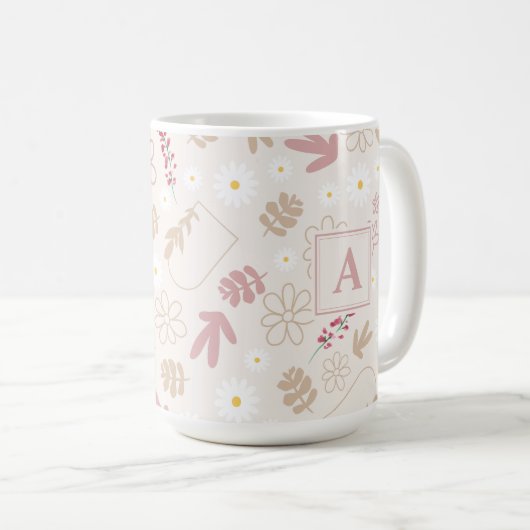 Birthday monogramme  bloempastelroze koffiemok (Voorkant rechts)