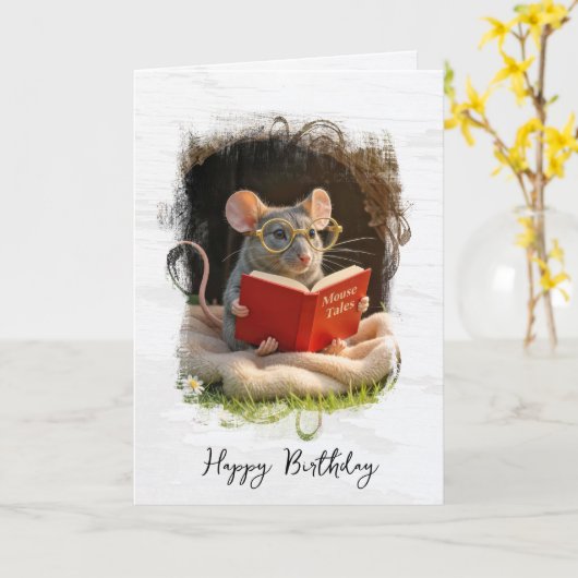 Birthday Mouse Reading a Book Kaart (Gele Bloem)