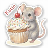 Birthday Mouse with Cupcake | Personalized  Sticker (Voorkant)