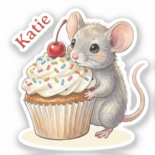 Birthday Mouse with Cupcake | Personalized Sticker (Voorkant)