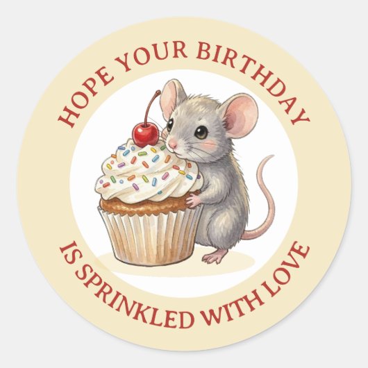 Birthday Mouse with Cupcake | Sprinkled with Love Ronde Sticker (Voorkant)