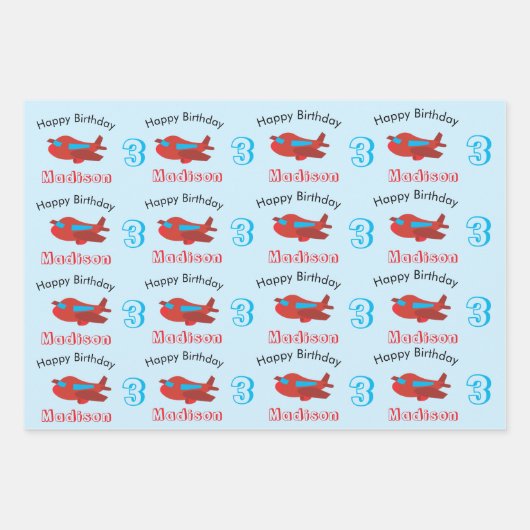 Birthday-naam en ouderdom van het roodblauwe vlieg inpakpapier vel (Voorkant)