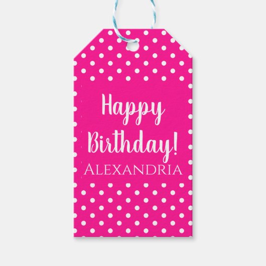 Birthday naam Hot Pink Polka Dot Cadeaulabel (Voorkant)