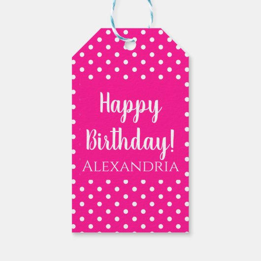Birthday naam Hot Pink Polka Dot Cadeaulabel (Achterkant)