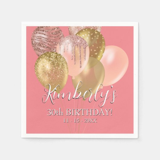 Birthday Name Gold Glitter Balloons Leeftijd Koraa Servet (Voorkant)