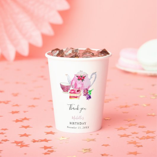 Birthday namiddag Tea Party Script Elegant roze Papieren Bekers (Insitu)