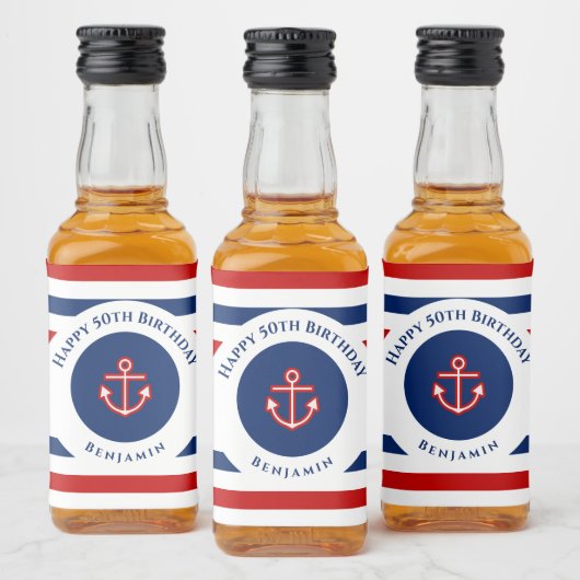 Birthday Nautical Marine Navy Blue Red Likeurfles Etiket (Flessen)