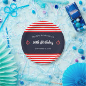 Birthday Nautical Marine Navy Blue White Stripes Papieren Bordje (Feest)