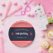 Birthday Nautical Marine Navy Blue White Stripes Papieren Bordje (Feest)