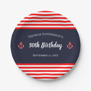 Birthday Nautical Marine Navy Blue White Stripes Papieren Bordje
