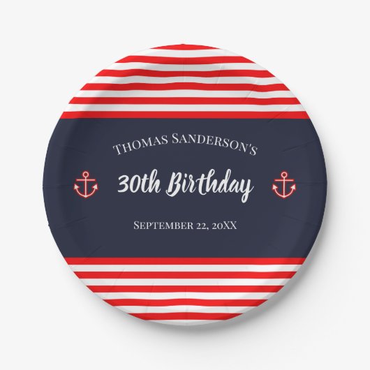 Birthday Nautical Marine Navy Blue White Stripes Papieren Bordje (Voorkant)