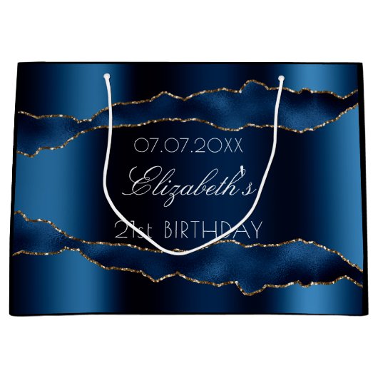 Birthday navy blue agate Gold name elegant Groot Cadeauzakje (Voorkant)