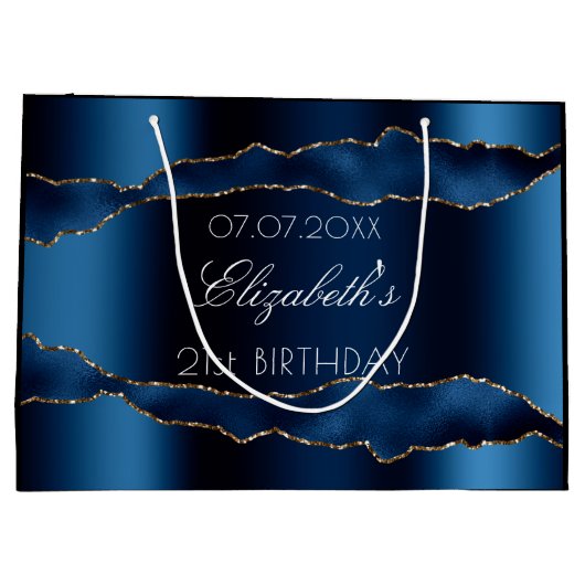 Birthday navy blue agate Gold name elegant Groot Cadeauzakje (Achterkant)
