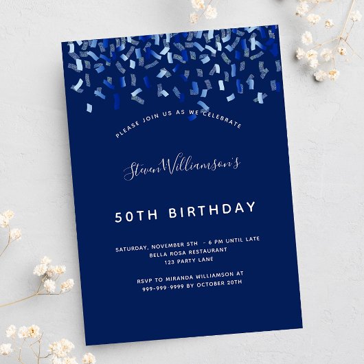 Birthday navy blue confetti mannen kaart