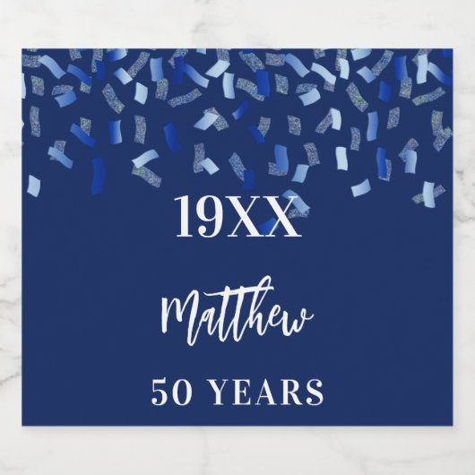 Birthday navy blue confetti name years bier etiket (Enkel label)