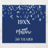 Birthday navy blue confetti name years sparkling wijnetiket (Enkel label)