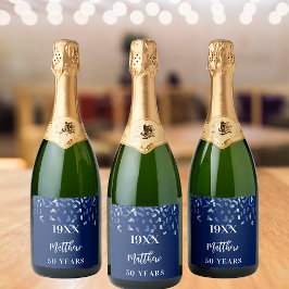 Birthday navy blue confetti name years sparkling wijnetiket
