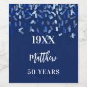 Birthday navy blue confetti name years wijn etiket (Enkel label)