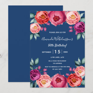 Birthday navy blue floral blush roze paars kaart