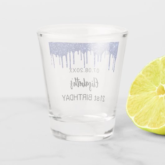 Birthday navy blue glitter drift name shot glas (Achterkant)
