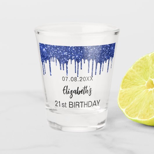 Birthday navy blue glitter drift name shot glas (Voorkant)