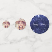 Birthday navy blue glitter foto naam confetti (Achterkanten)