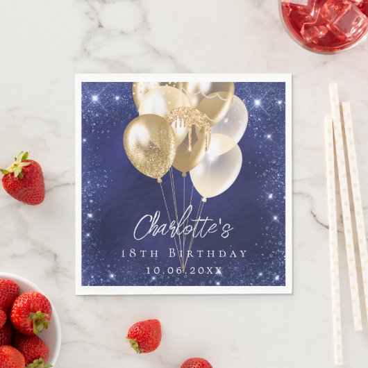 Birthday navy blue glitter gold balloons luncheon servet (Insitu)