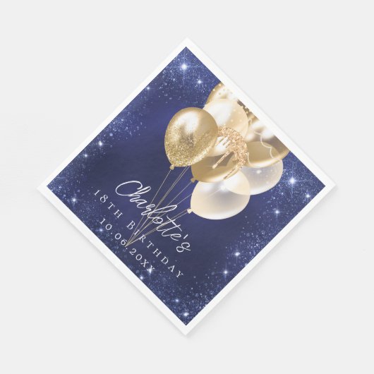 Birthday navy blue glitter gold balloons luncheon servet (Hoek)