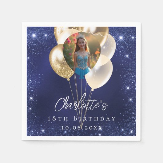 Birthday navy blue glitter gold balloons photo servet (Voorkant)