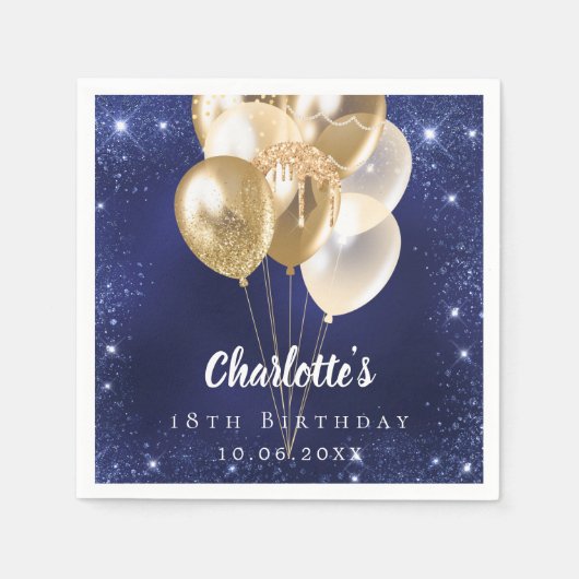 Birthday navy blue glitter gold balloons servet (Voorkant)