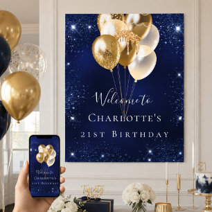 Birthday navy blue glitter gold balloons welcome poster