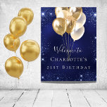 Birthday navy blue glitter gold balloons welcome poster<br><div class="desc">A welcome banner for a girly and glamorous 21st (or any age) birthday party.  A navy blue background with elegant faux sparkles and golden balloons. The blue color is uneven.  Personalize and add a name and age 21.  White letters.</div>