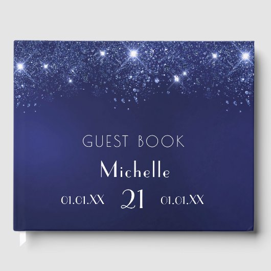 Birthday navy blue glitter name gastenboek (Voorkant)