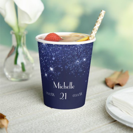 Birthday navy blue glitter name glamoureus papieren bekers (Insitu)